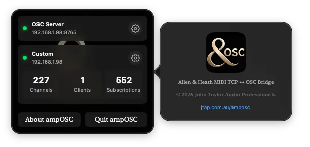 The About ampOSC panel, showing the ampOSC logo, the line Allen and Heath MIDI TCP to OSC Bridge, a copyright line for John Taylor Audio Professionals, and a link to jtap.com.au/amposc.