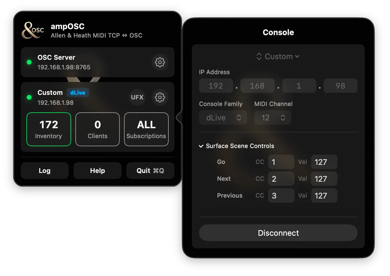 The Console sheet beside the ampOSC panel: a profile picker reading Custom, the IP address as four separate octet fields, Console Family set to dLive, MIDI Channel 12, a Surface Scene Controls section with Go, Next and Previous each carrying a CC number and a value, and a Disconnect button.