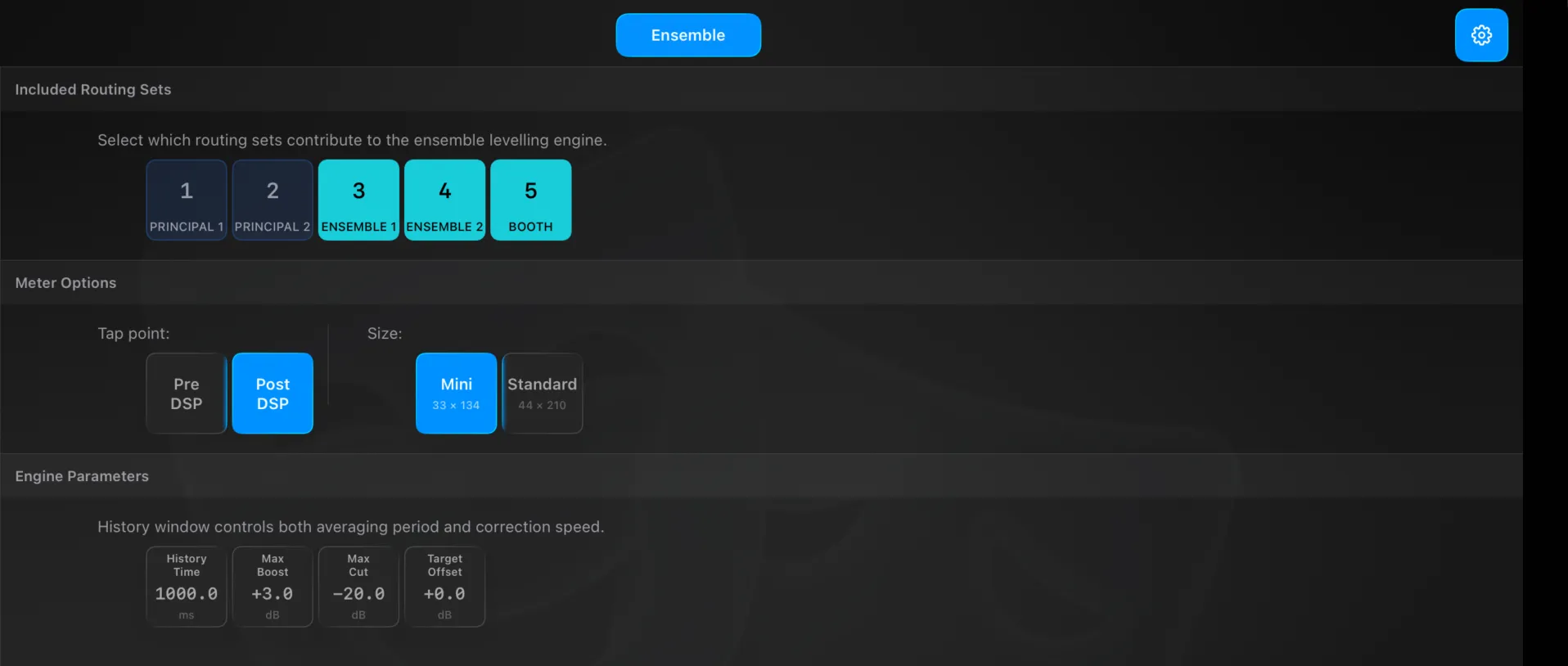 Settings → Ensemble — the routing sets included in the engine, the meter tap point and size, and the engine parameters