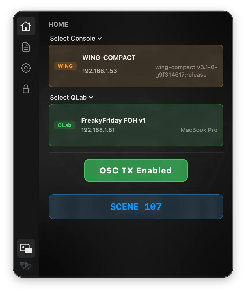 Version Q home screen showing connected console, QLab workspace, and current scene