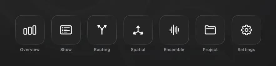 The Hub card row — Overview, Show, Routing, Spatial, Ensemble and Project, followed by Settings