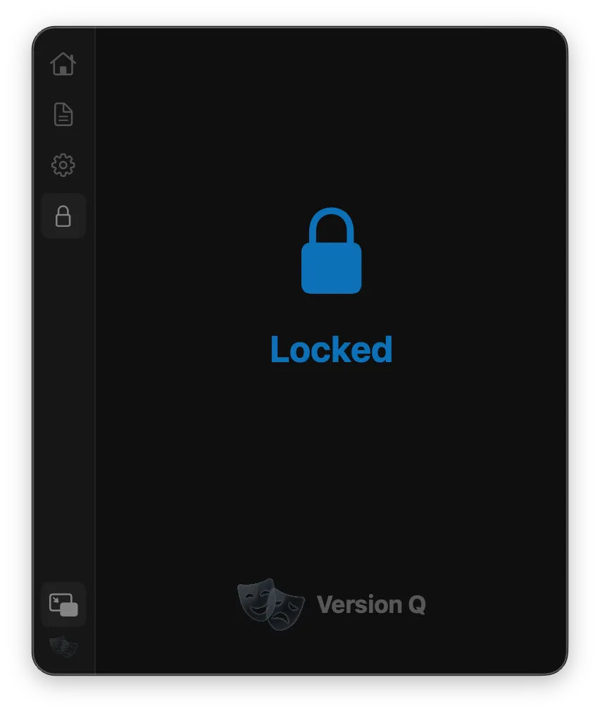 Version Q locked screen with Version Q wordmark and theatre masks