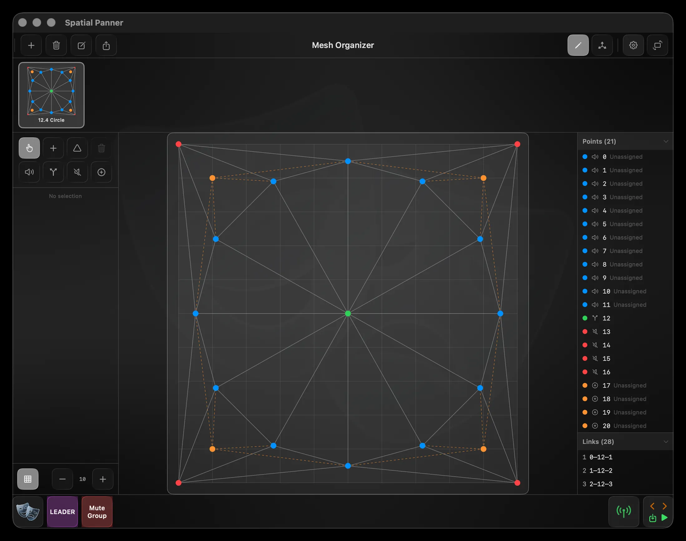 The Mesh Organizer in a landscape window — the point tools at the left, the mesh on the canvas, and the Points and Links lists down the right