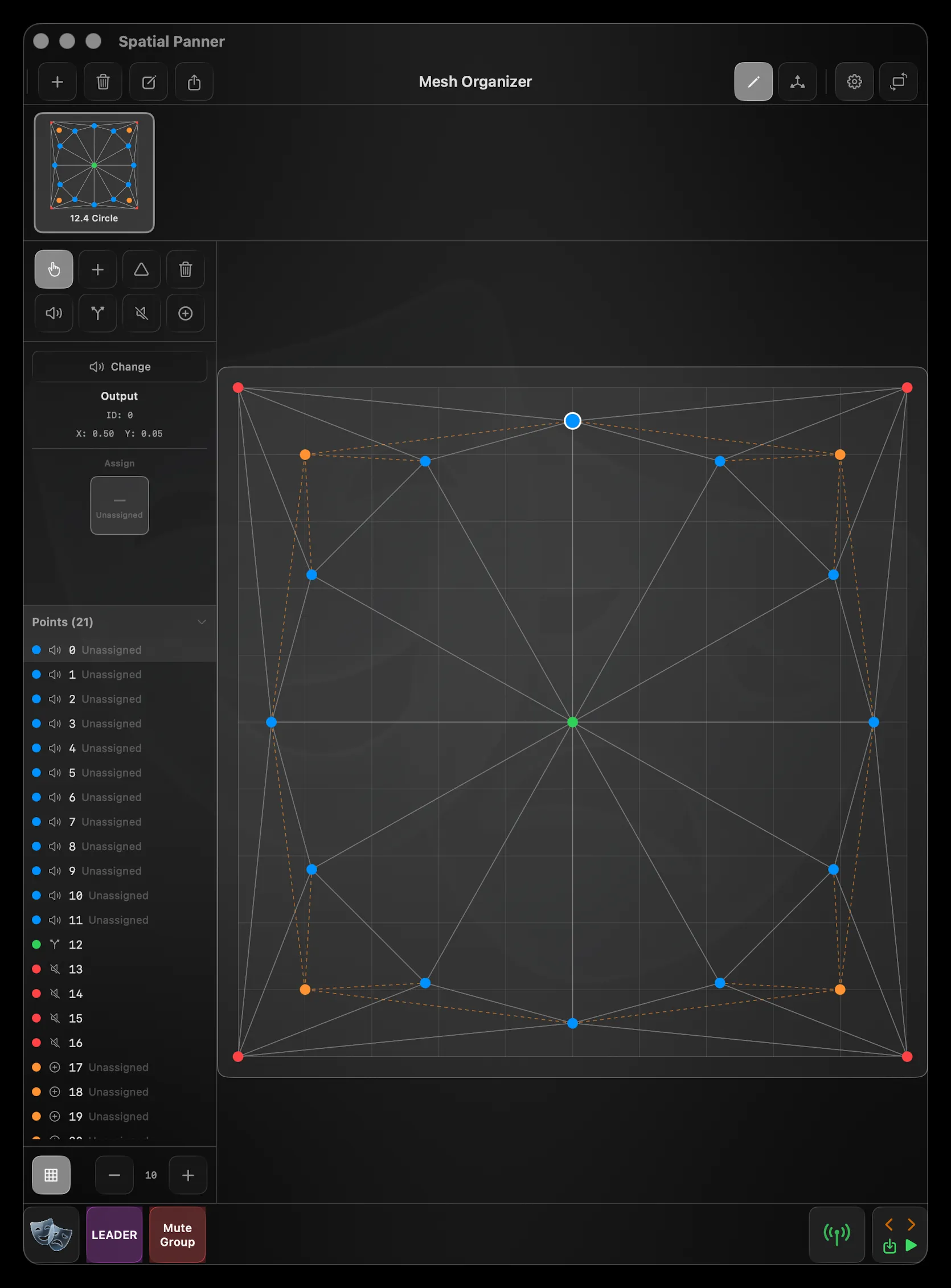 The same Mesh Organizer in a portrait window — the layout reflows so the Points list moves beneath the tools at the left, and the canvas fills the height