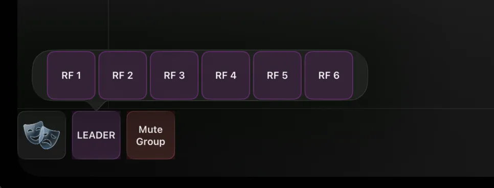 The LEADER macro set open in the dock — its six macros popped up as buttons above the dock card, ready to fire with one tap