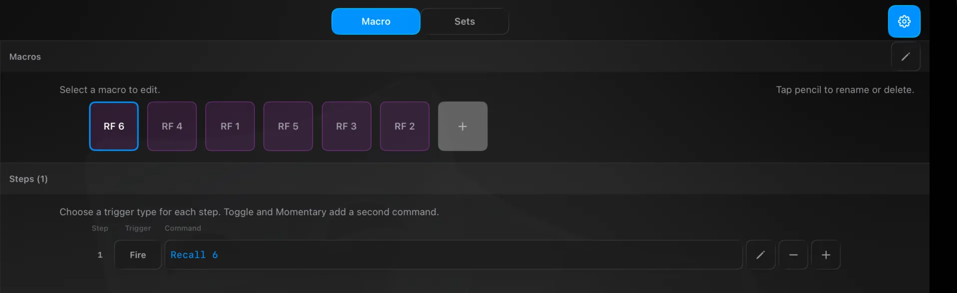 Settings → Macro — the macro tiles with one selected, and its step list showing the trigger type and the compiled command
