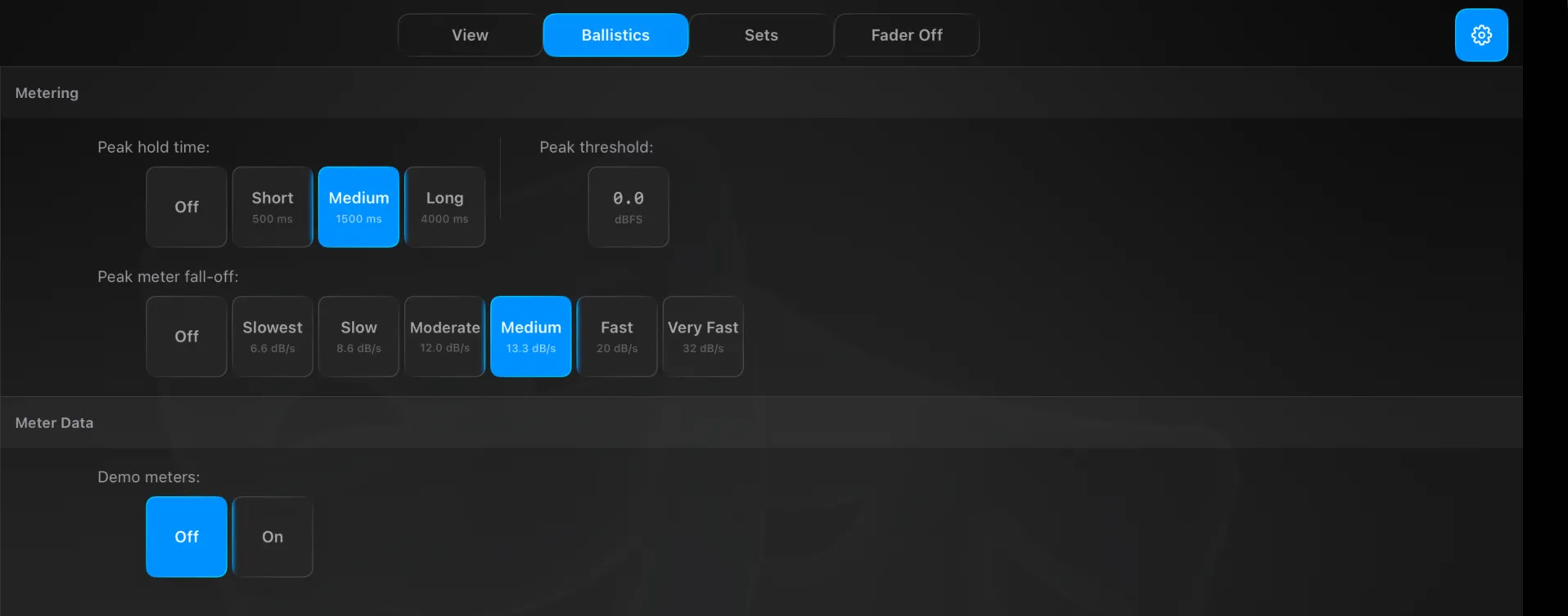 Settings → Overview → Ballistics — peak hold time, peak threshold, peak meter fall-off, and demo meters