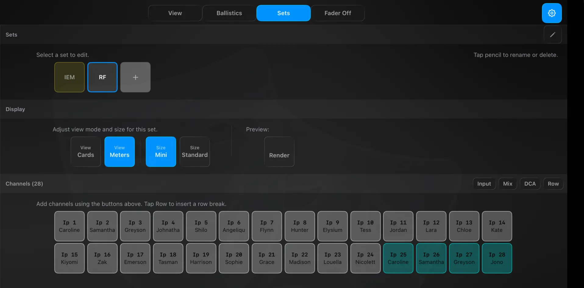 Settings → Overview → Sets — a selected set with its display options and channel picker