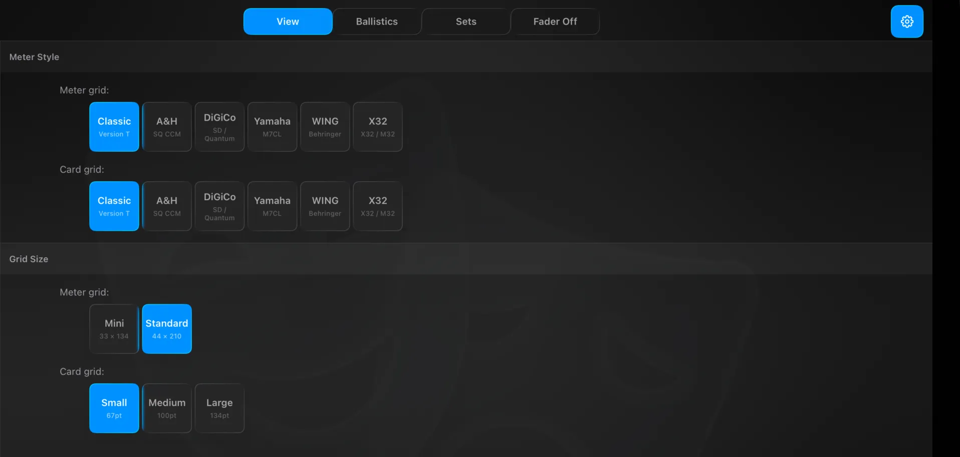 Settings → Overview → View — meter and card grid styles, and grid size