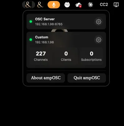 The ampOSC menu bar panel: an OSC Server row showing 192.168.1.98:8765, a console row named Custom at 192.168.1.98, both with green status dots and a settings gear, and counts of 227 channels, 0 clients and 0 subscriptions.