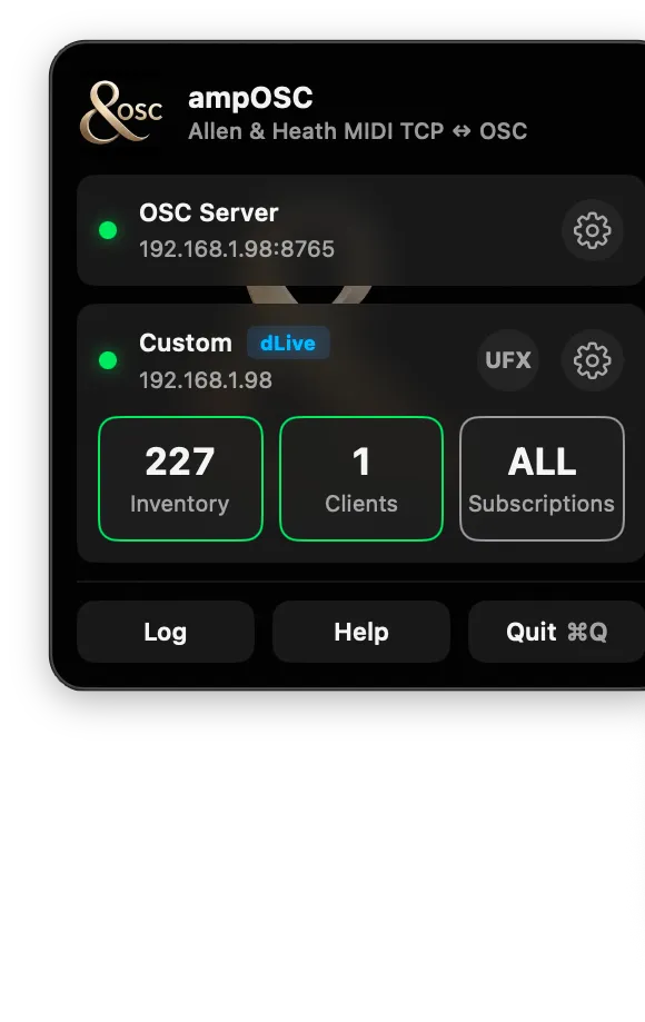 The ampOSC menu bar panel: an OSC Server row showing 192.168.1.98:8765 and a console row named Custom with a dLive badge, both with green status dots and a settings gear; a UFX button beside the console gear; three tiles reading 227 Inventory, 1 Clients and ALL Subscriptions; and Log, Help and Quit buttons along the bottom.