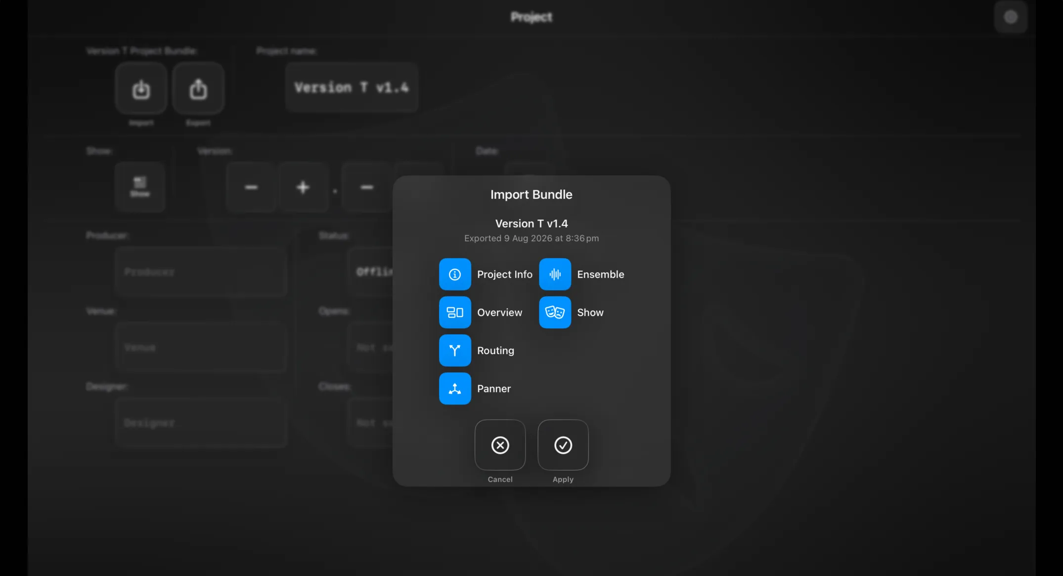 The Import Bundle sheet — the bundle name and export date, with Project Info, Overview, Routing, Panner, Ensemble and Show each toggled on or off before applying