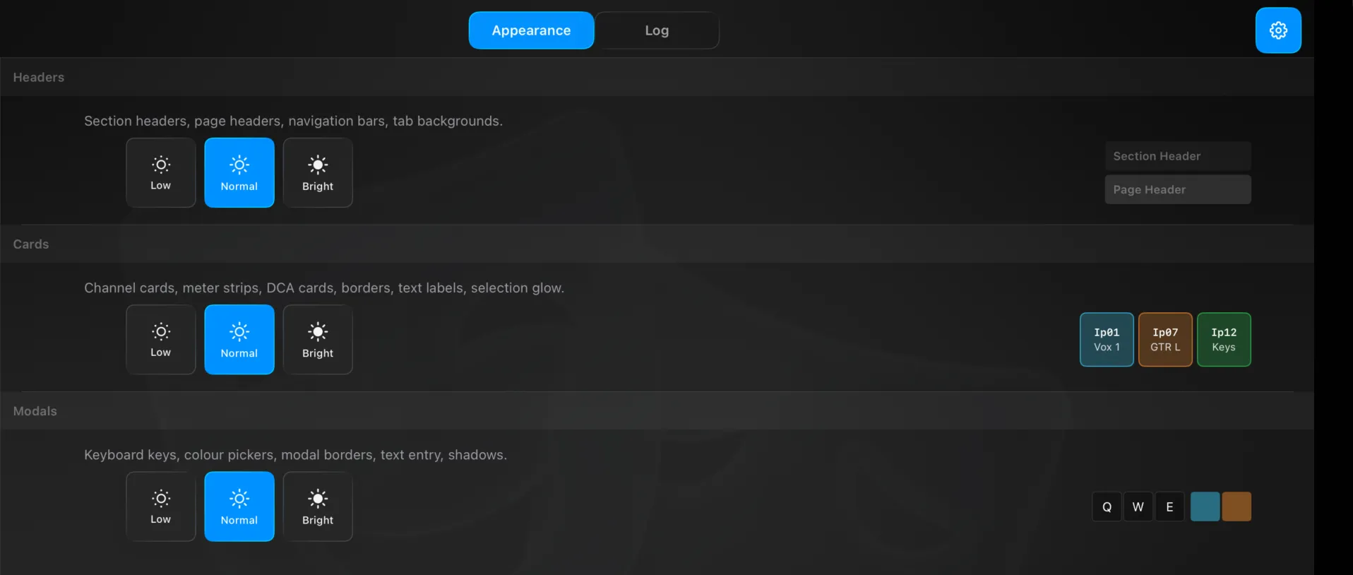 App settings → Appearance — headers, cards and modals each set to Low, Normal or Bright, with a live preview of each at the right