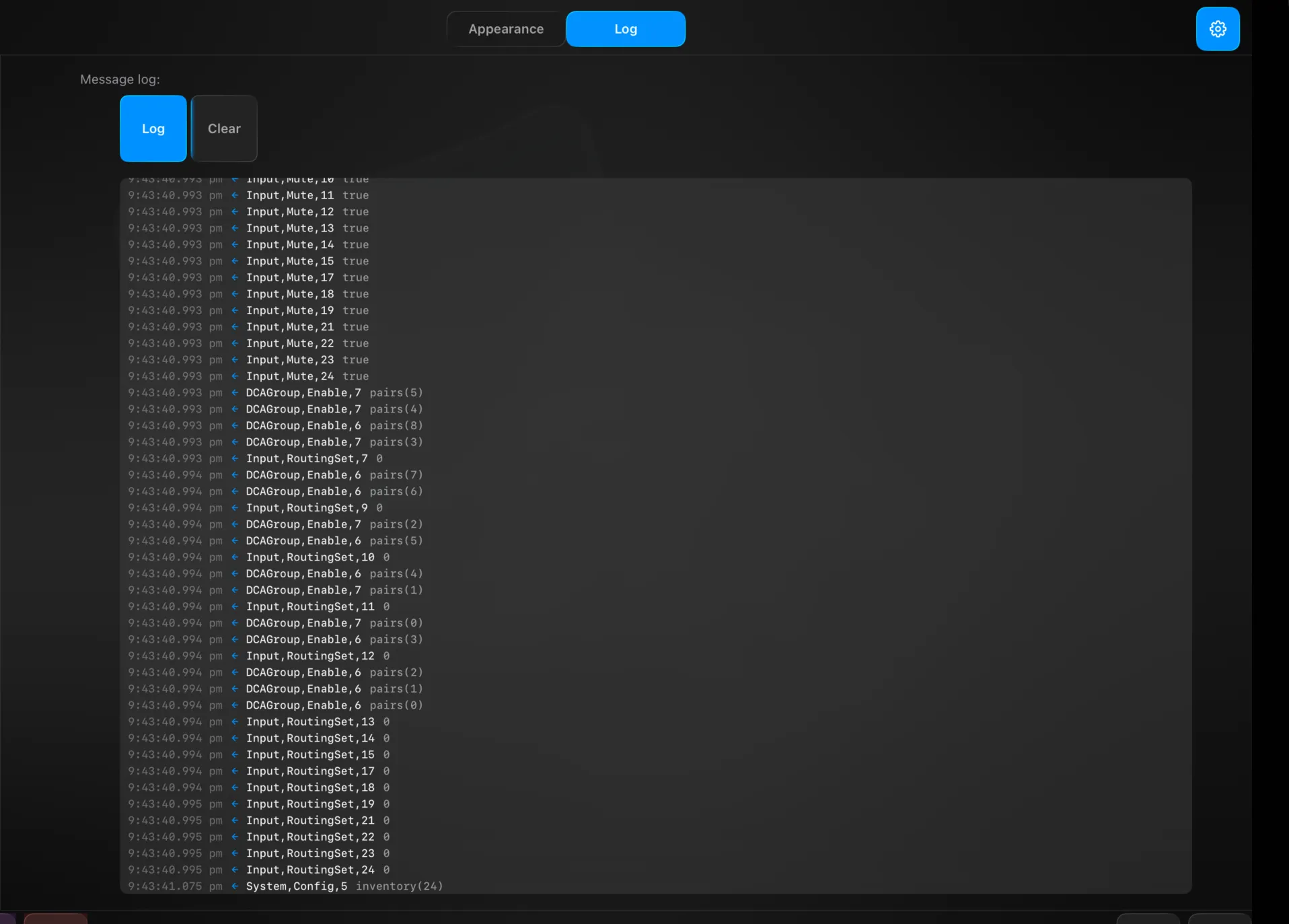 App settings → Log — the console message log streaming parameter traffic, with the Log and Clear controls