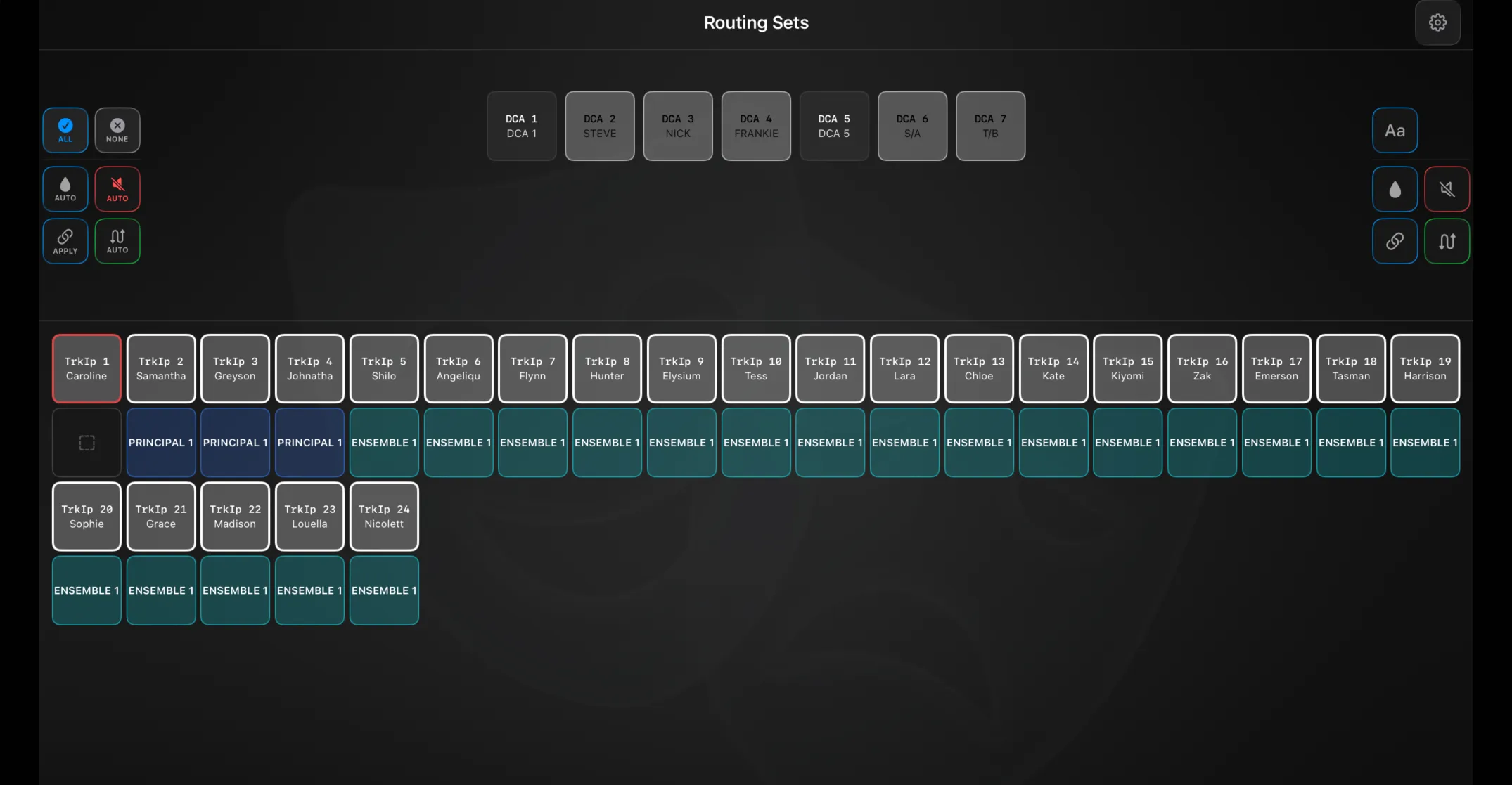 The Routing Sets panel — tracked DCAs across the top with the auto and glass-mode buttons either side, and the tracked-input grid below, each card colour-coded by its current set