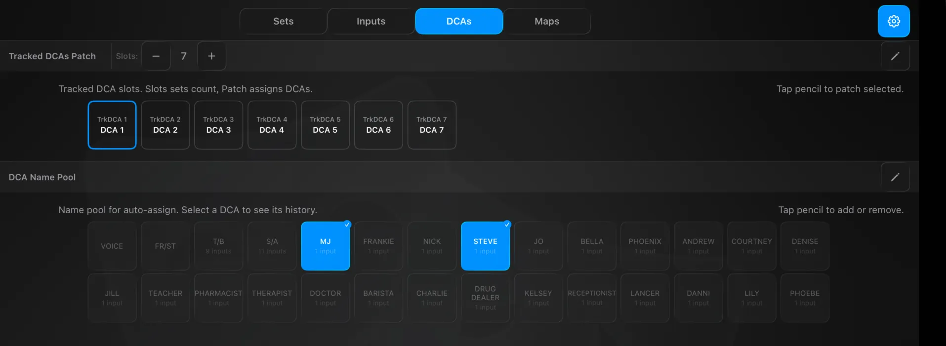 Settings → Routing → DCAs — the tracked-DCA patch and the name pool used for auto-assign, with each name's input count