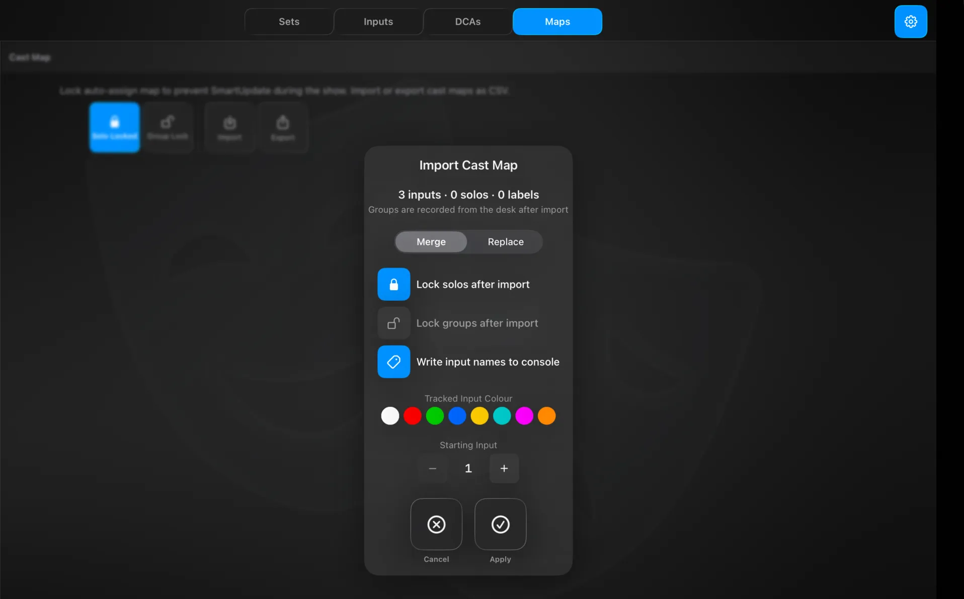 Settings → Routing → Maps — the Import Cast Map dialog, with merge-or-replace, the lock options, tracked-input colour and starting input