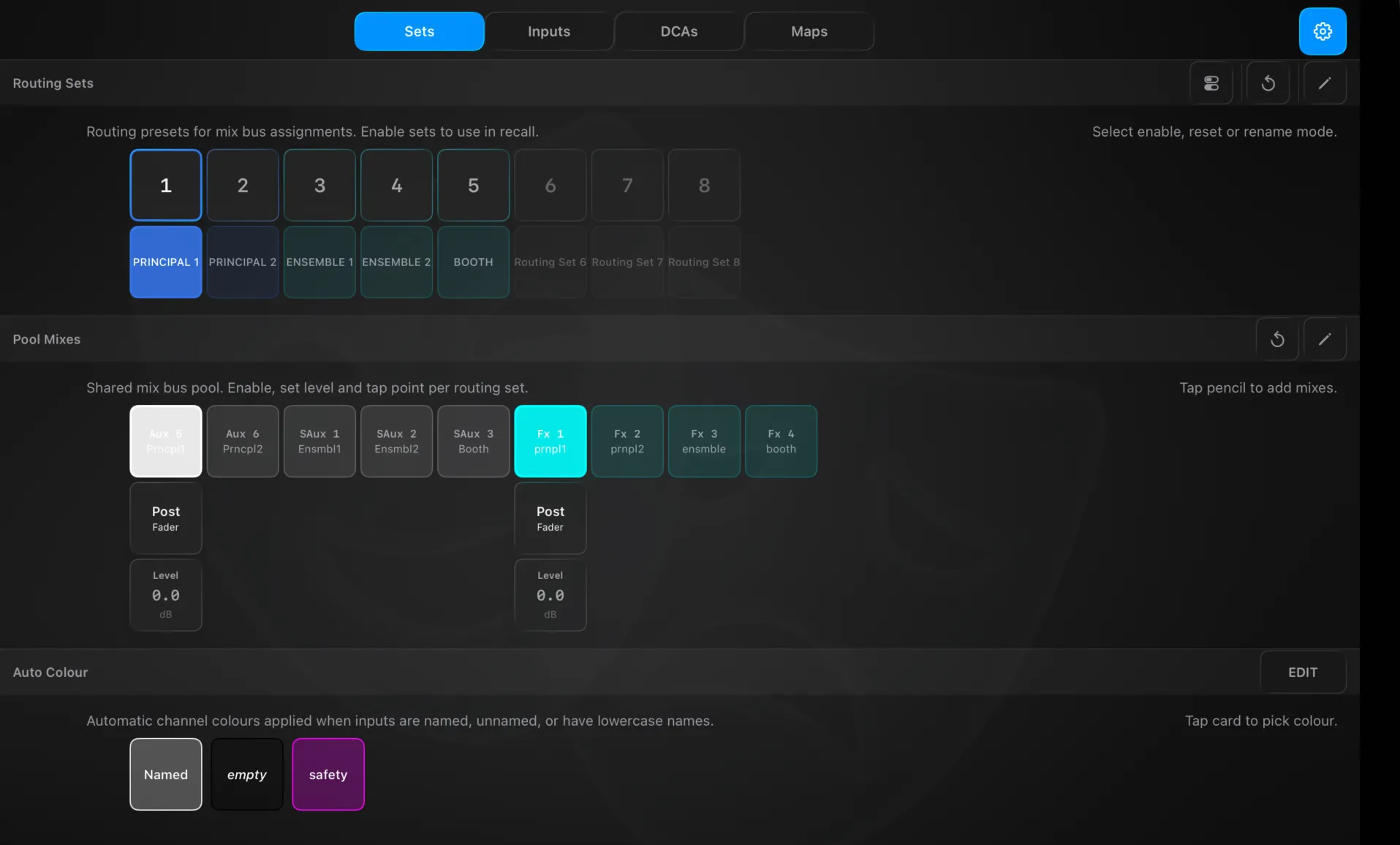 Settings → Routing → Sets — the eight routing sets, the shared pool of mixes with level and tap point, and the auto-colour rules
