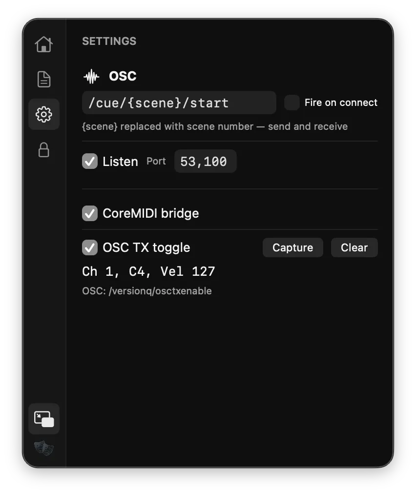 Version Q settings showing OSC cue template, listen port, MIDI bridge, and OSC TX toggle