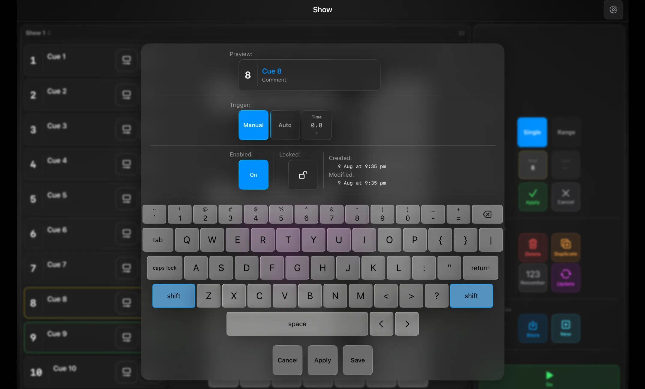 The cue edit sheet — cue number, name and comment, the Manual or Auto trigger with its wait time, the enabled and locked toggles, and the created and modified stamps