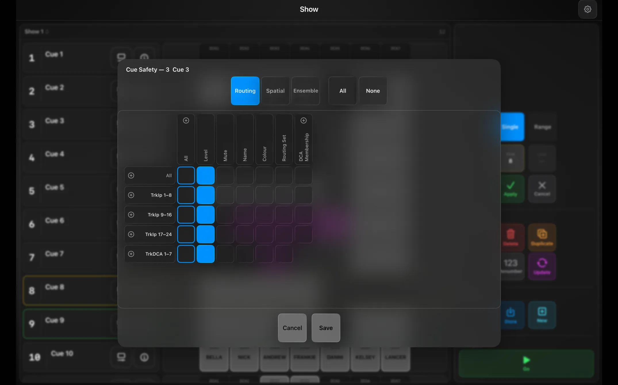The per-cue Cue Safety sheet — tracked inputs and DCAs against the protectable parameters, grouped into collapsible bands, with the Routing, Spatial and Ensemble scopes across the top