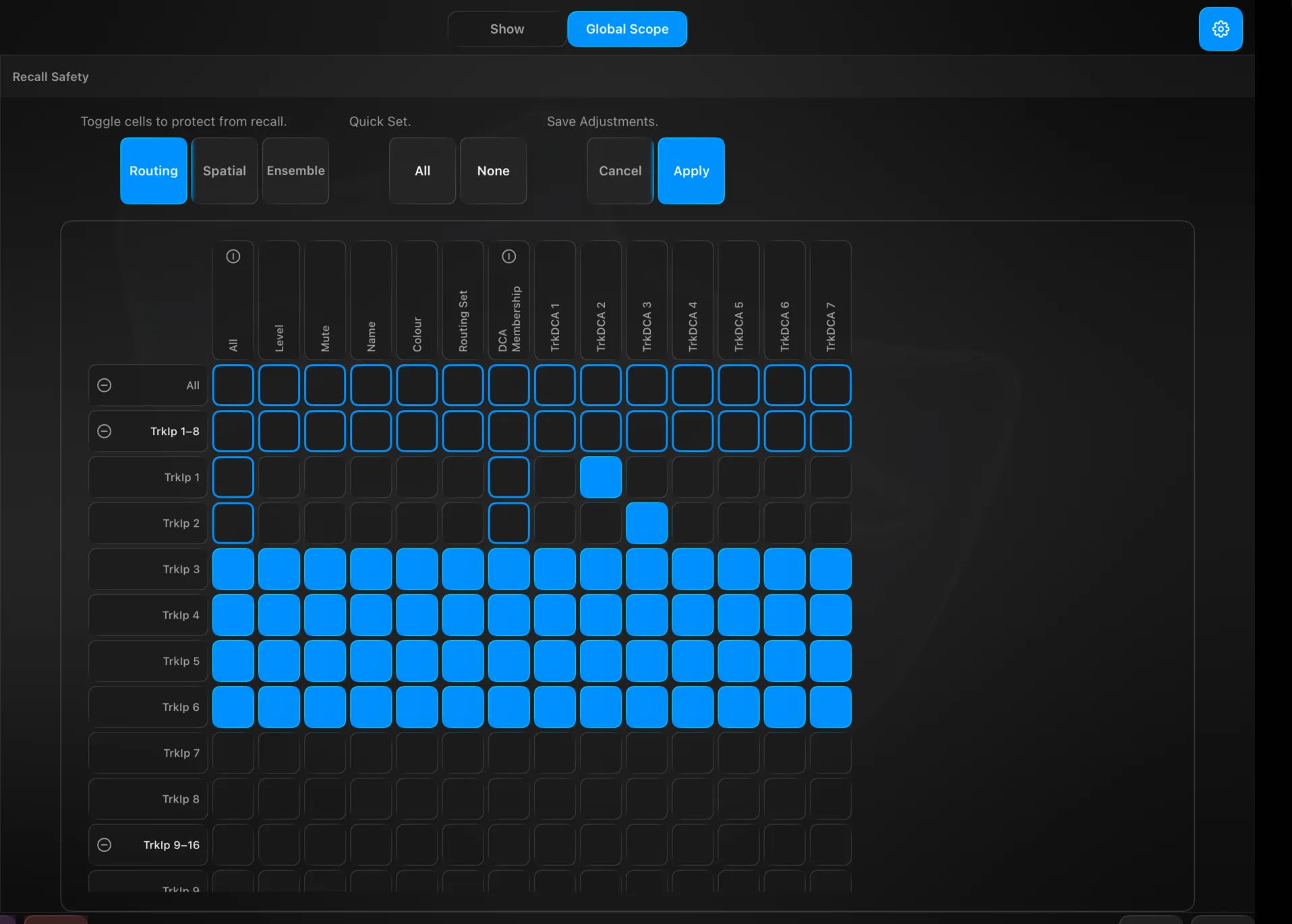 Settings → Show → Global Scope — the app-wide recall safety matrix, with whole rows and columns toggled to protect them from any cue recall