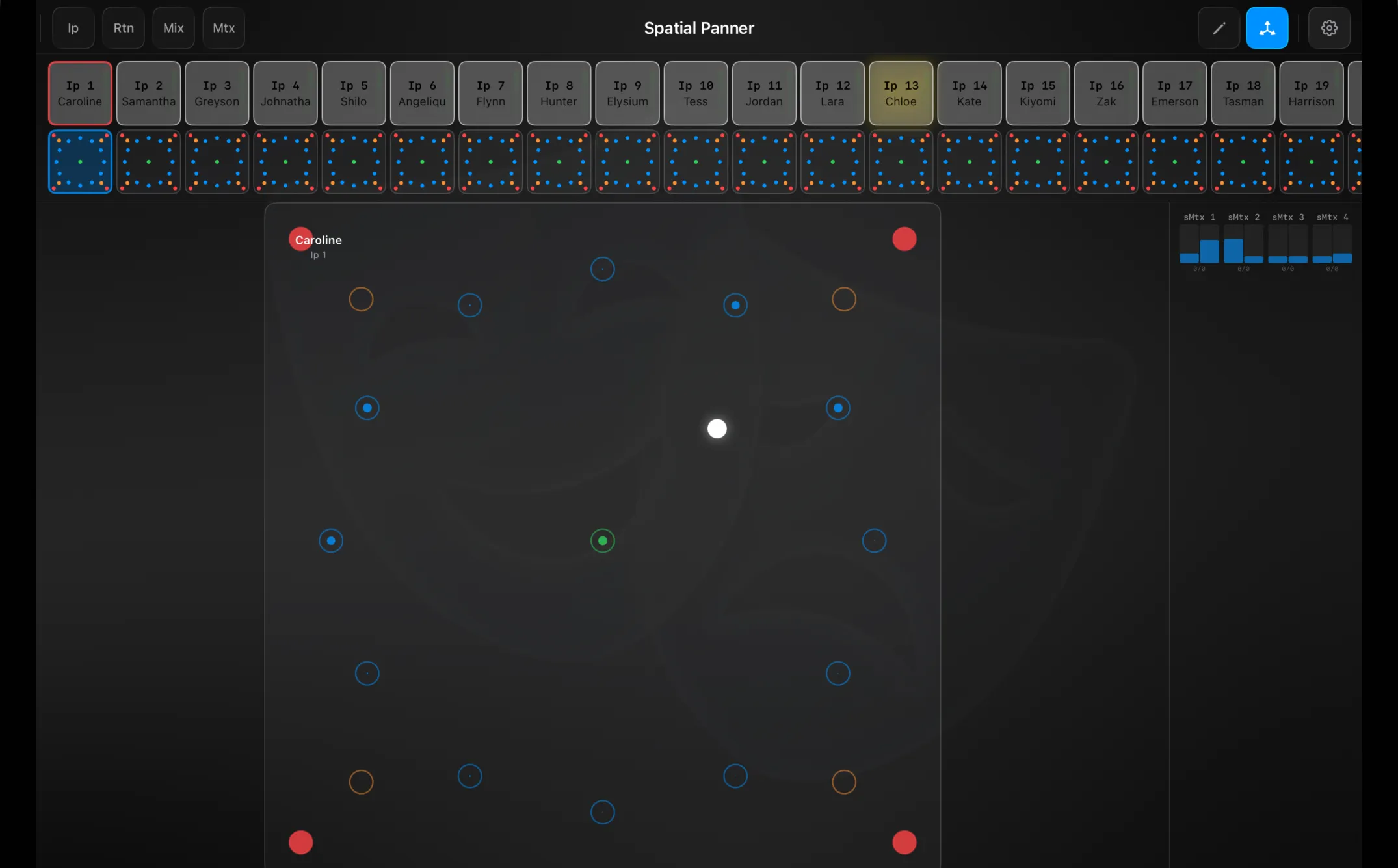 The Spatial Panner live view — the channel strip with per-source mini-maps along the top, the selected source positioned as the white dot on the stage map, and the matrix meters at the right