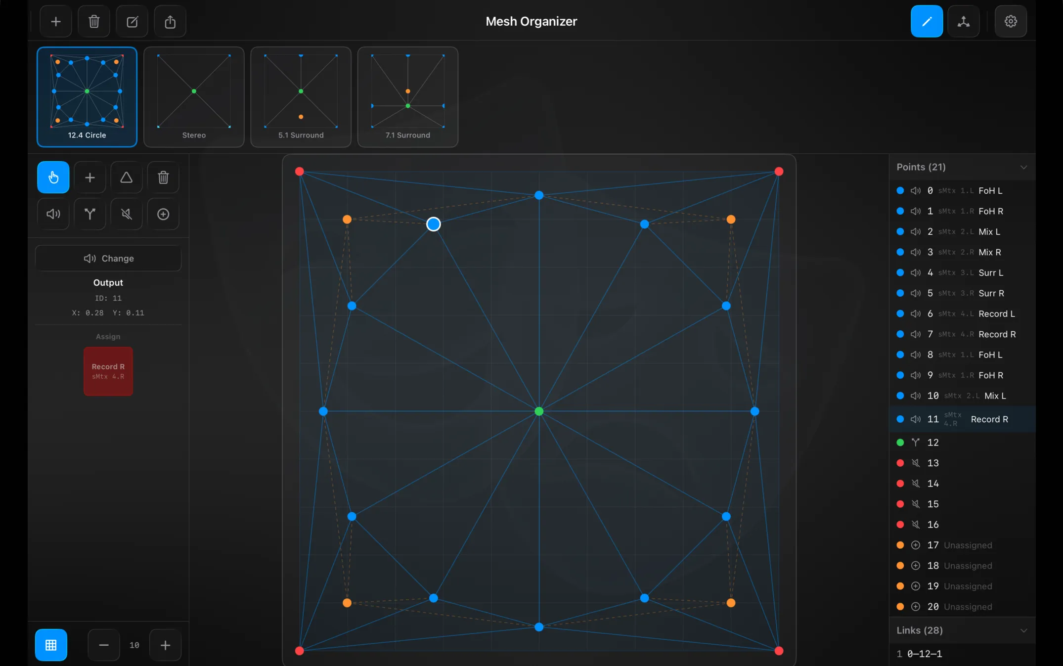 The Mesh Organizer — mesh templates along the top, the point and link tools at the left, the triangulated mesh on the canvas, and the Points and Links lists at the right