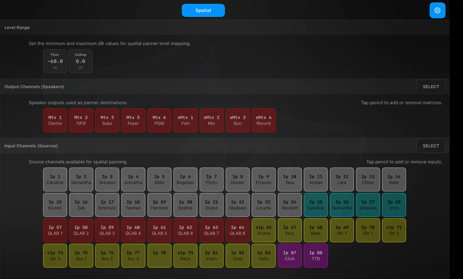 Settings → Spatial — the floor and ceiling of the level range, the matrices used as speaker outputs, and the input channels available as sources
